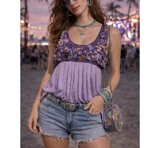 Y2K Seventh Avenue rosette flower long line tank top tunic purple size medium M